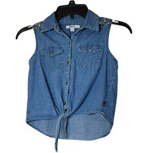 DKNY Denim Top, Girl's L, Blue, Beaded Embellishments, Snap Closure, Tie, EUC